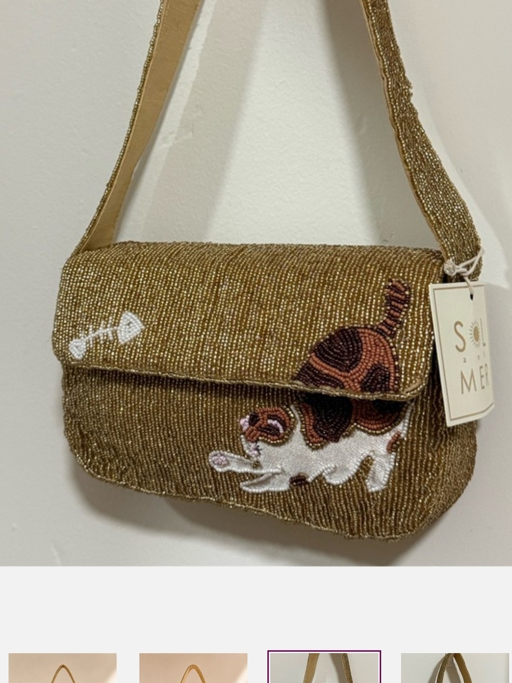 Cat Beaded Shoulder Bag in Gold Bnwt